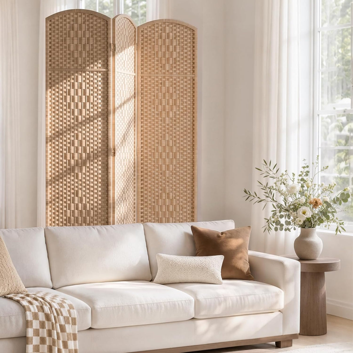 teakmama room divider,folding privacy screen,3 panel wall divider,natural, side view