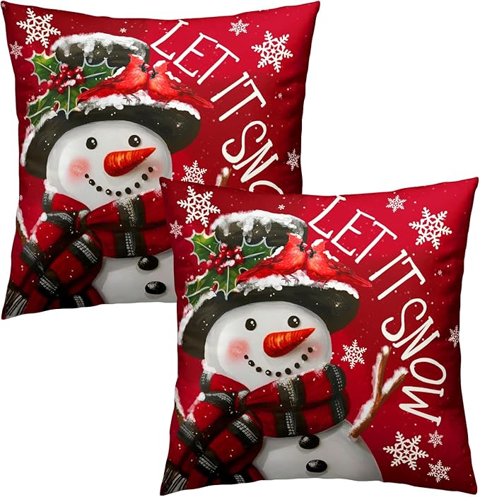 Xmas Pillow Covers 18x18 Inch 2 Packs Christma Snowman Snowflake Decorative Red - Image 2