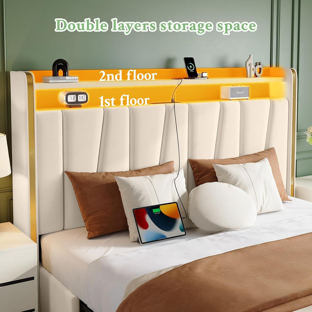 Full Size Bed Frame 4 Storage Drawers,Upholstered Headboard LED & Charging