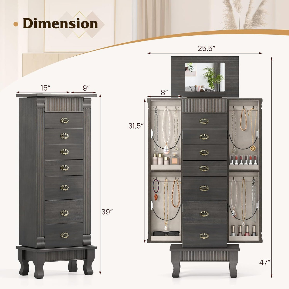 giantex standing jewelry cabinet, 7 drawers, flip mirror on a desk or shelf