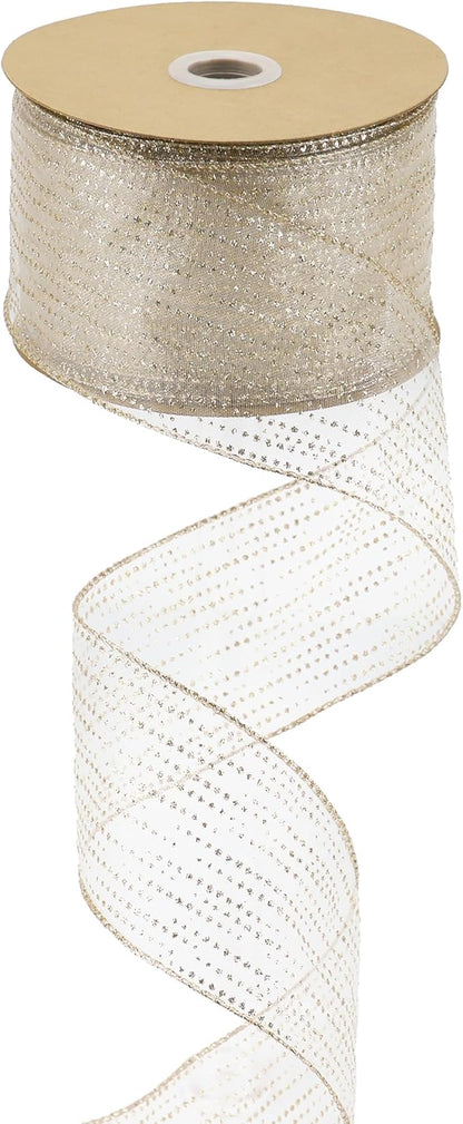 MEEDEE Champagne Gold Wired Ribbon 2.5 Inch Horizontal Stripes Glitter Polka by MEEDEE