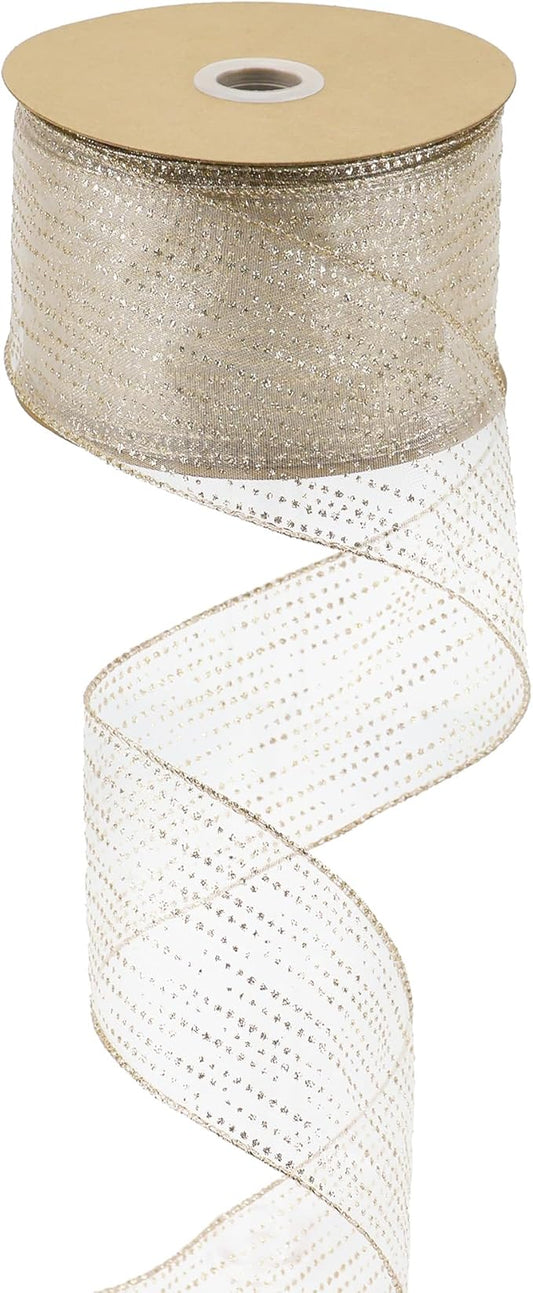 MEEDEE Champagne Gold Wired Ribbon 2.5 Inch Horizontal Stripes Glitter Polka by MEEDEE