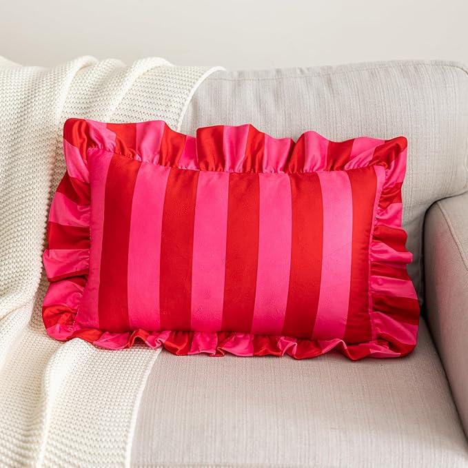 vctops Ruffle Lumbar Throw Pillow Covers Boho Pink and Red Striped Decorative - Image 2