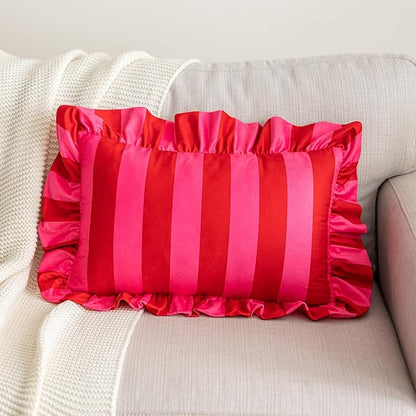 vctops Ruffle Lumbar Throw Pillow Covers Boho Pink and Red Striped Decorative - Image 2