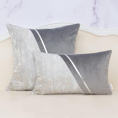 Alerfa 18 x 18 Inch Gray Silver Leather Patchwork Velvet & Polyester Cushion - Image 3