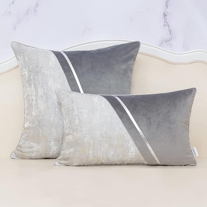 Alerfa 20 x 20 Inch Gray Silver Leather Patchwork Velvet & Polyester Cushion - Image 3