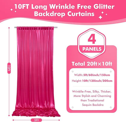 20x10ft Shimmer Hot Pink Sequin Backdrop Curtain for Parties, Thick Wrinkle Free Glitter Fuchsia Photo Backdrop Drapes Curtains for Birthday Wedding Halloween Photography Background-4 Panels 5x10ft