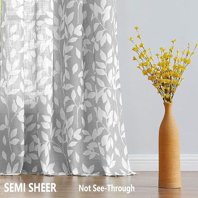 White and Grey Curtains for Bedroom 54" Long Leaf Print Curtains for Windows - Image 3
