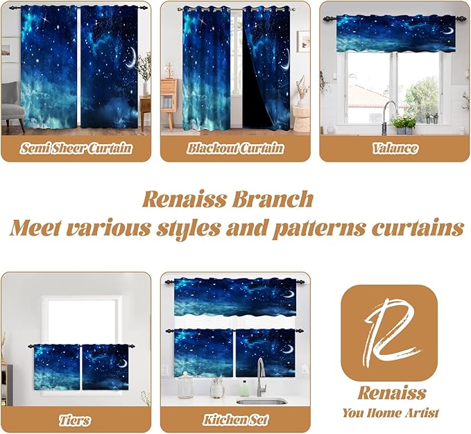 Renaiss 42 x 96 Inch Galaxy Kitchen Curtains Tiers Space Nebula Small Cafe - Image 7