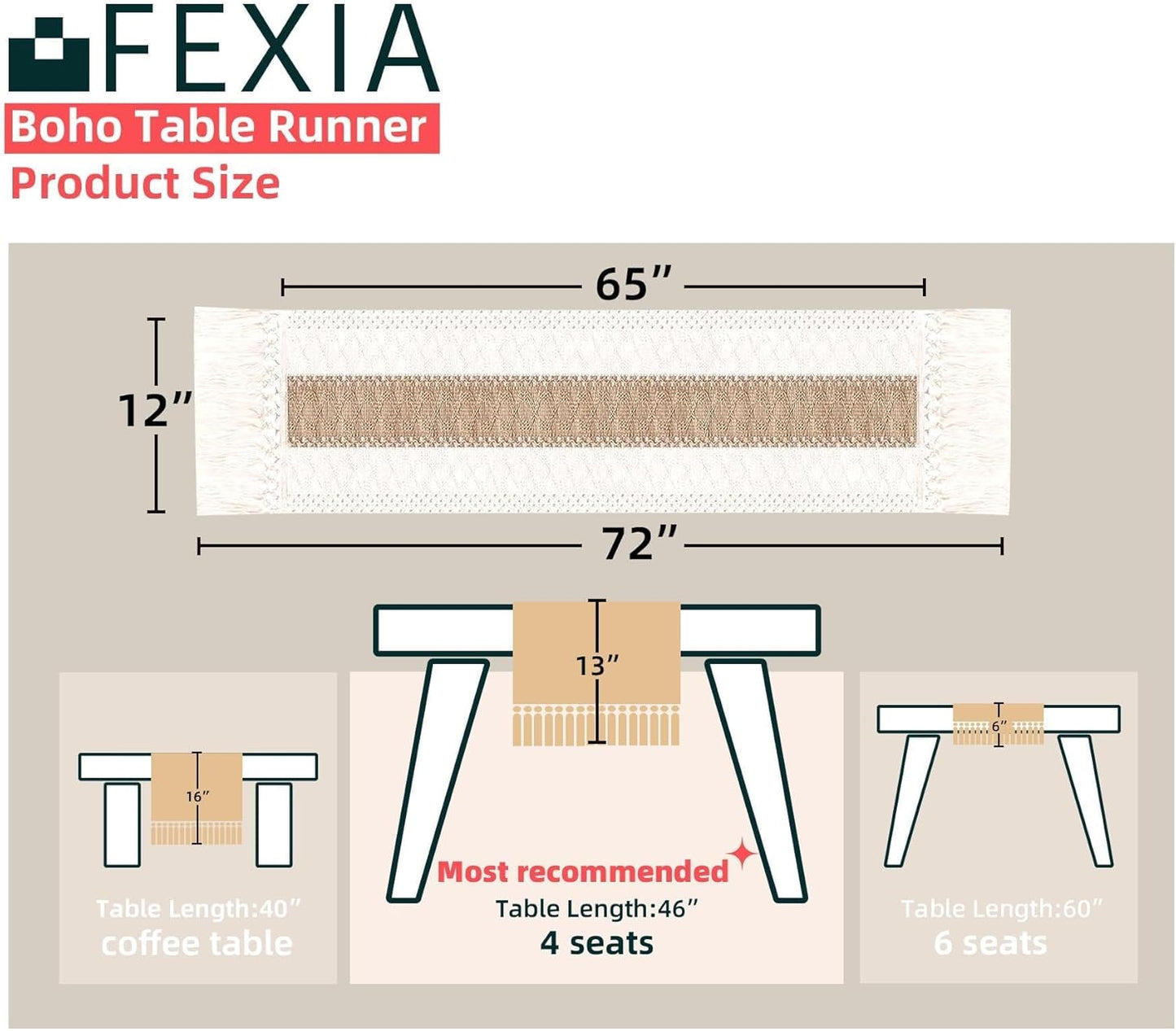 FEXIA Boho Table Runner for Home Decor with Tassels 72 Inches Farmhouse Long Pottery Barn Furniture Rustic Macrame Burlap Table Decoration for Living Room Bridal Shower (12x72 Inches)