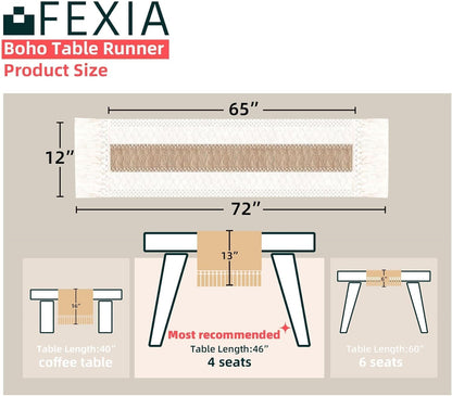 FEXIA Boho Table Runner for Home Decor with Tassels 72 Inches Farmhouse Long Pottery Barn Furniture Rustic Macrame Burlap Table Decoration for Living Room Bridal Shower (12x72 Inches)