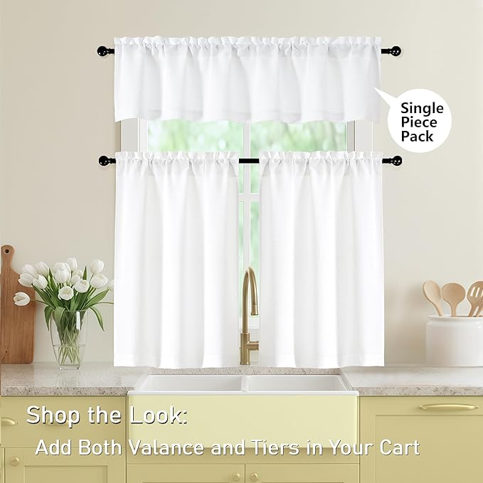 White Kitchen Curtains 45 Inch Length 2 Panels, Light Filtering Faux Linen - Image 5