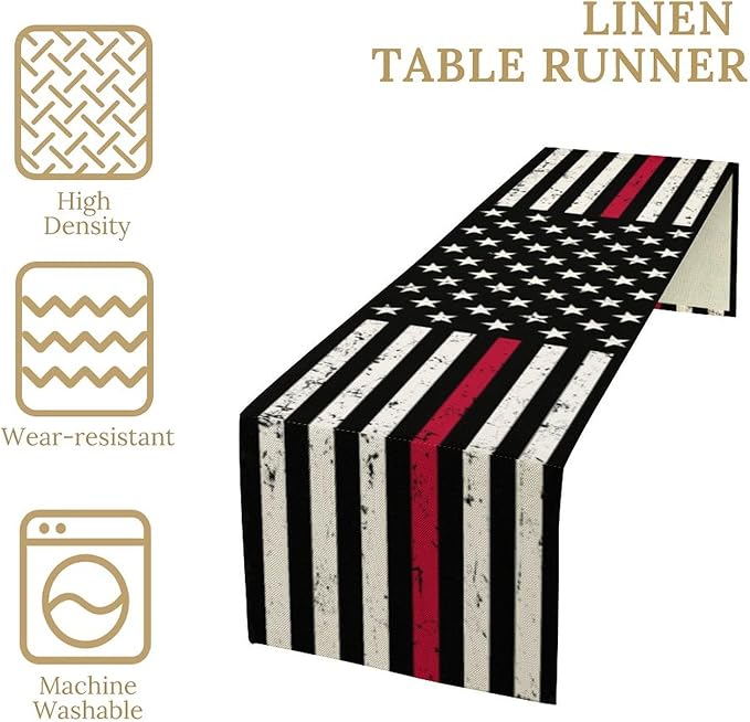 Red Line Black Table Runner July 4th Rustic American Firefighter USA Flag - Image 4