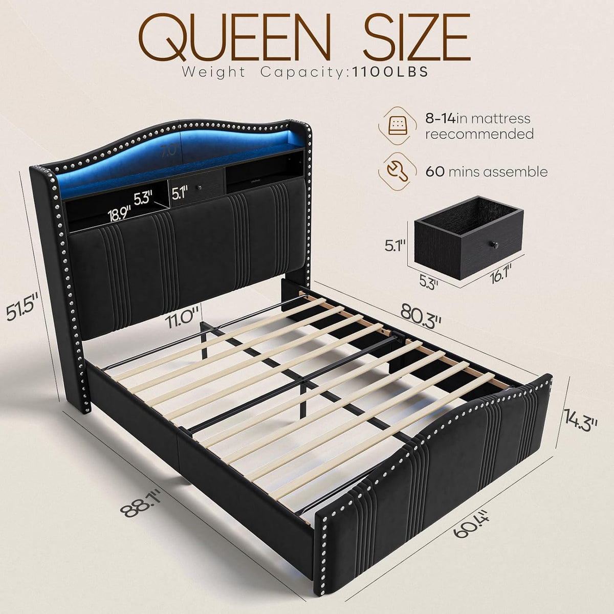 cikunasi 51.5" queen size bed frame with headboard shown in use