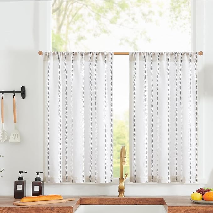 jinchan Linen Striped Kitchen Curtains Tier Cafe Curtains by JINCHAN
