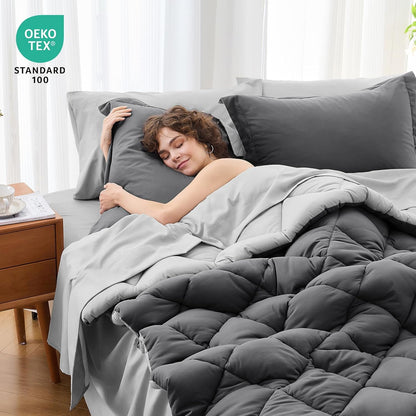 queen comforter set 7 pieces, reversible bed in, side view