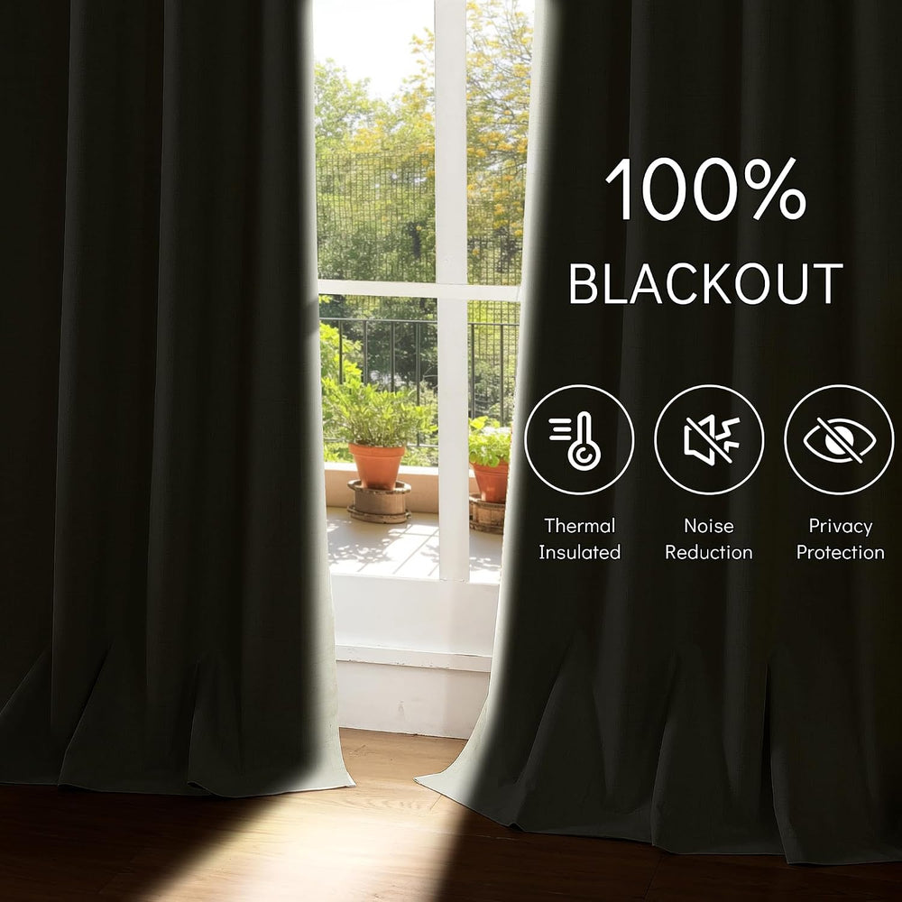 ChrisDowa Linen Curtains 100% Blackout Living Room Drapes 63 Inch Length