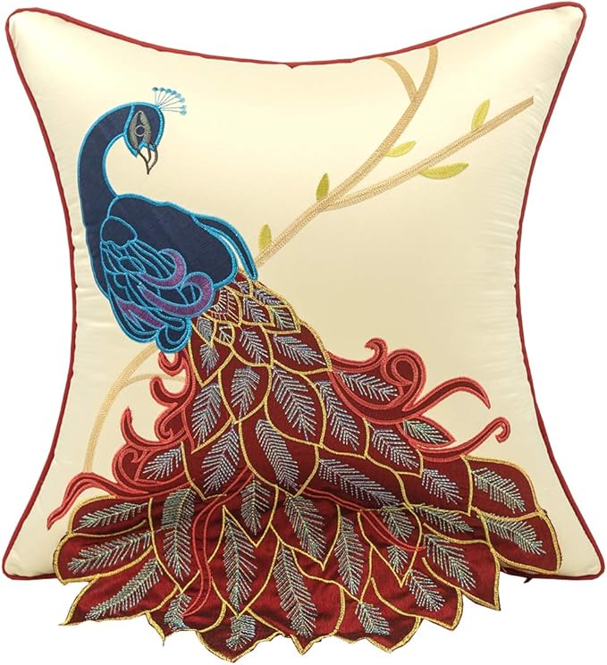 vctops Embroidered Peacock Decorative Throw Pillow Case Silky Satin Cushion by vctops