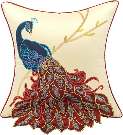 vctops Embroidered Peacock Decorative Throw Pillow Case Silky Satin Cushion by vctops