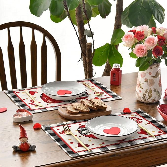 Artoid Mode Buffalo Plaid Red Heart Valentine Placemats Set of 4, 12x18 Inch - Image 3