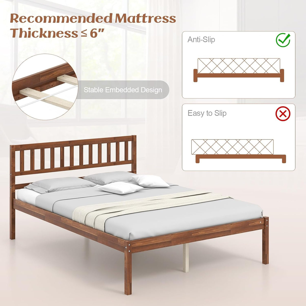 komfott full size wood platform bed frame with showing dimensions