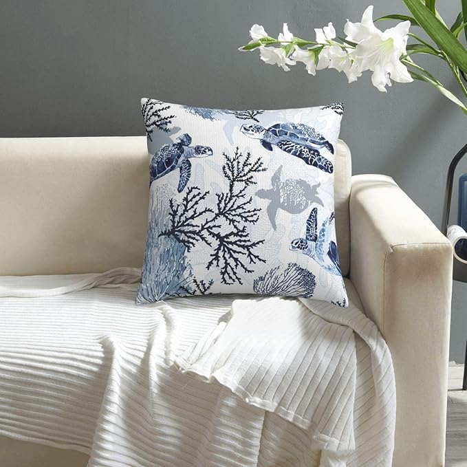 Nautical Blue Pillow Covers 18x18 Inch Coastal Beach Themed Coral Sea Turtle - Image 6