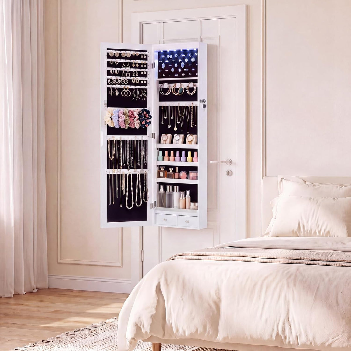 dumos jewelry organizer mirror, 6 leds jewelry armoire on a desk or shelf