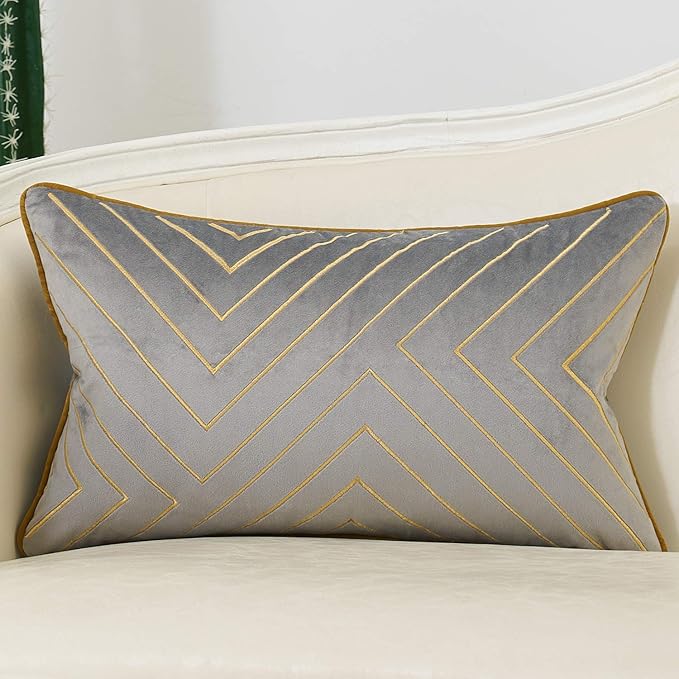 Avigers 12 x 20 Inch Grey Gold Striped Geometric Lines Embroidery Velvet by Avigers