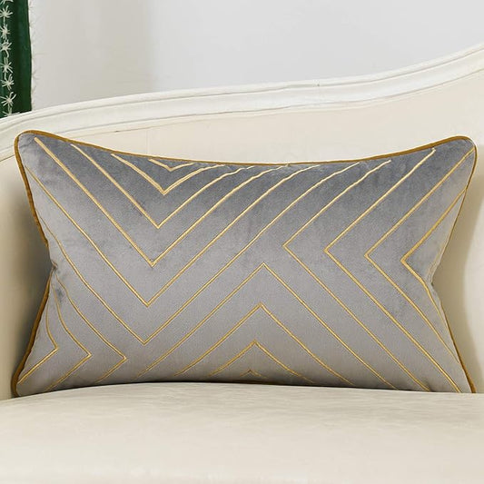 Avigers 12 x 20 Inch Grey Gold Striped Geometric Lines Embroidery Velvet by Avigers