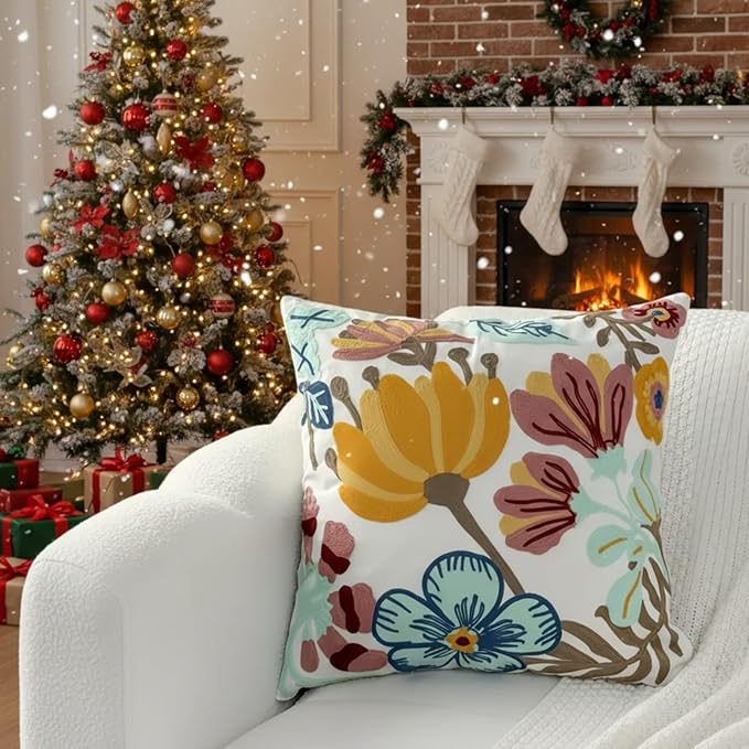 18x18 Embroidered Throw Pillow Covers Set – White Pumpkin Blossom Cotton - Image 6