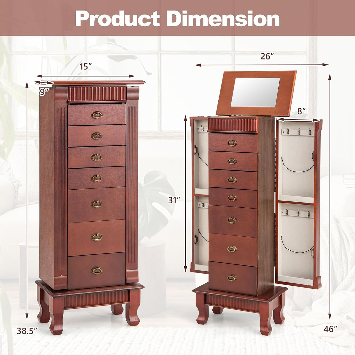 costway standing jewelry armoire, wooden jewelry storage chest, front angle view