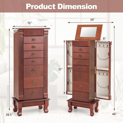 costway standing jewelry armoire, wooden jewelry storage chest, front angle view