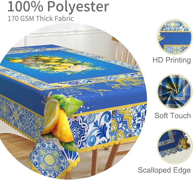 70x140inches Blue and Yellow Rectangle Tablecloth Summer Fruit Lemon Boho - Image 3