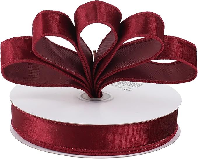 MEEDEE Burgundy Velvet 1 Inch Maroon Wired Ribbon 25 Yards Crushed Velvet - Image 7