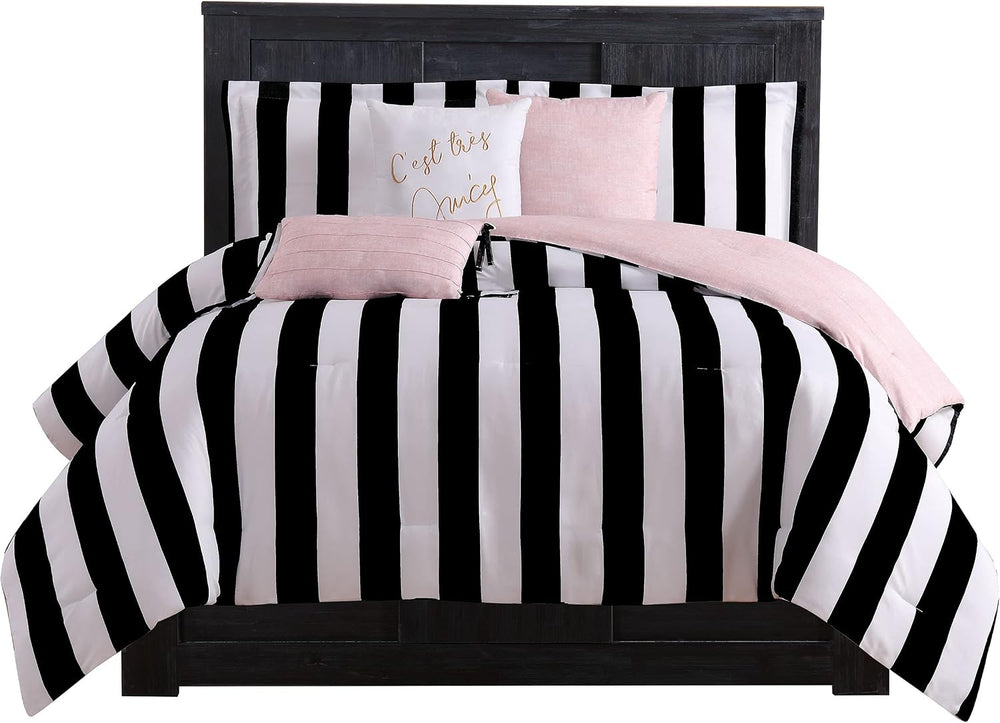 Juicy Couture Cabana Stripe Reversible Bedding Set - Queen Size - Black and W...