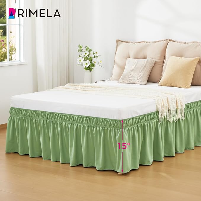 RIMELA Light Green Bed Skirt Queen Size 15 Inch Drop, Elastic Bed Skirting - Image 3