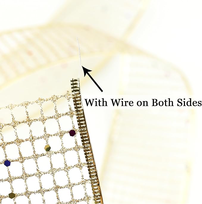 MEEDEE Champagne Gold Glitter Christmas Ribbon 2.5 Inch Square Mesh Net Wired - Image 3
