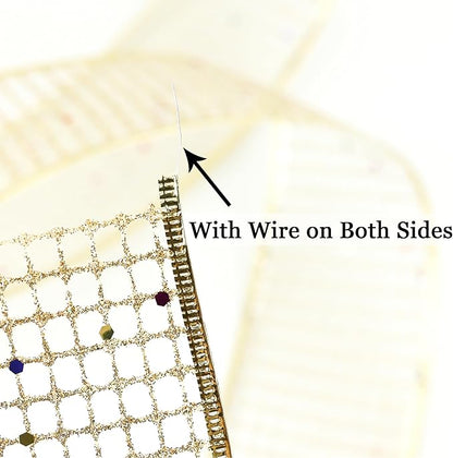MEEDEE Champagne Gold Glitter Christmas Ribbon 2.5 Inch Square Mesh Net Wired - Image 3