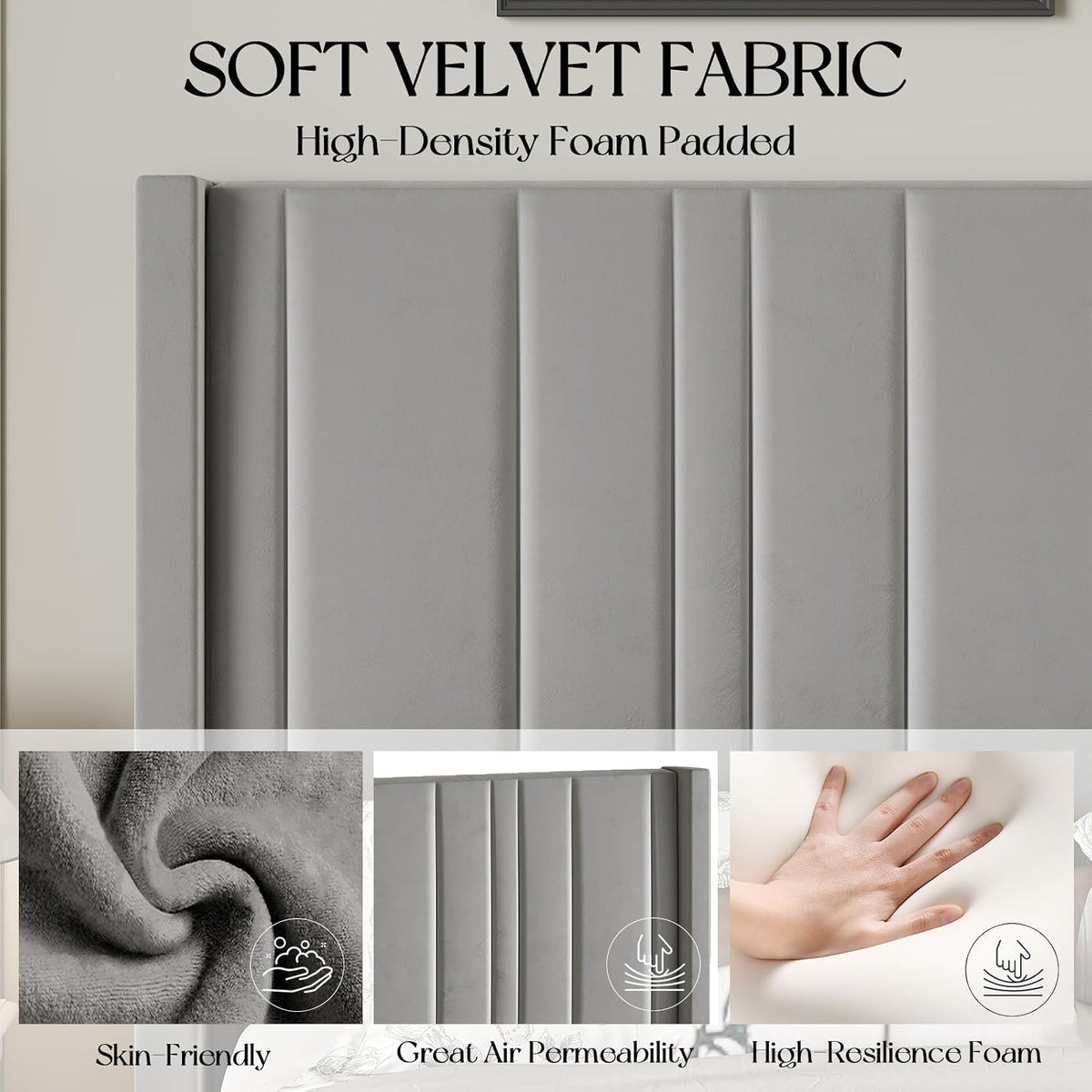 hombck bed frame queen size with velvet headboard, close-up detail