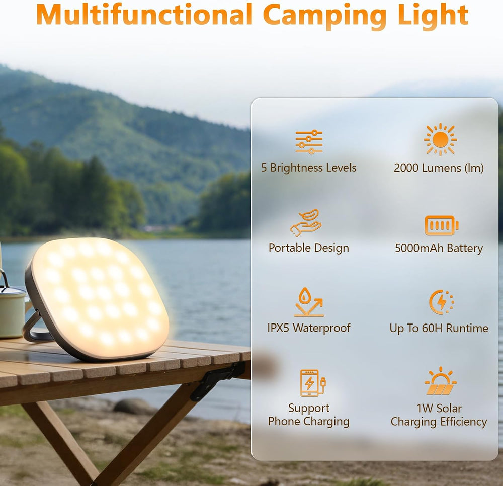 Solar Camping Lights Rechargeable Lantern 7000mAh LED 5 Light Modes IP65