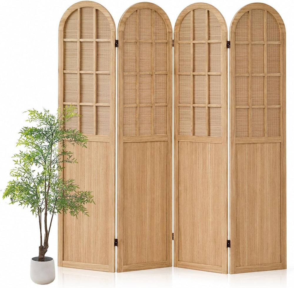 4 Panel Room Divider Privacy Screen Bamboo Wood Light Brown