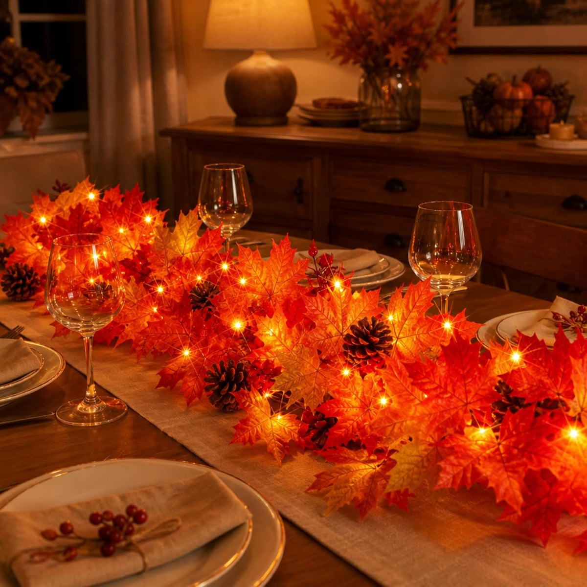 Fall Decorations Lighted Fall Garland with Pinecones and Berries, 9FT 50 Incandescent Bulb UL Certified Connectable Lush and Thicker Fall Garland with Lights for Halloween Thanksgiving Decor(2Packs)