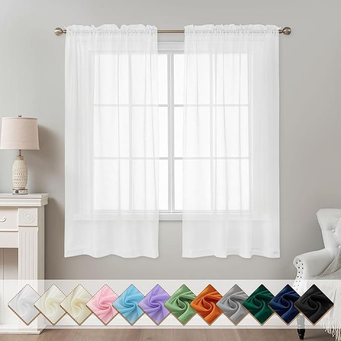 White Sheer Curtains 63 Inch Length, Privacy Semi Sheer Curtains by ABLUEN