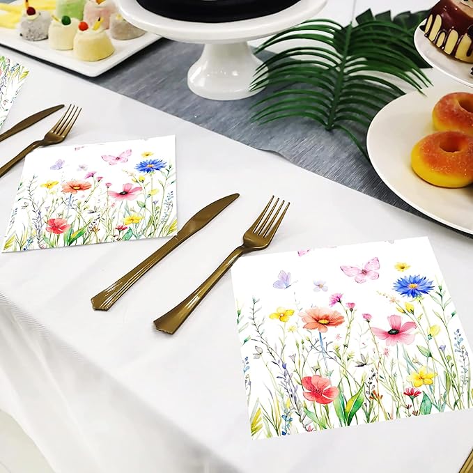 50 Pack Wildflower Floral Cocktail Napkins Disposable Floral Napkins Butterfly - Image 2