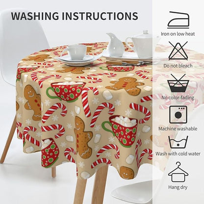 Christmas Tablecloth Round 70×70 Inch, Gingerbread Man Candy Cane Holiday - Image 4