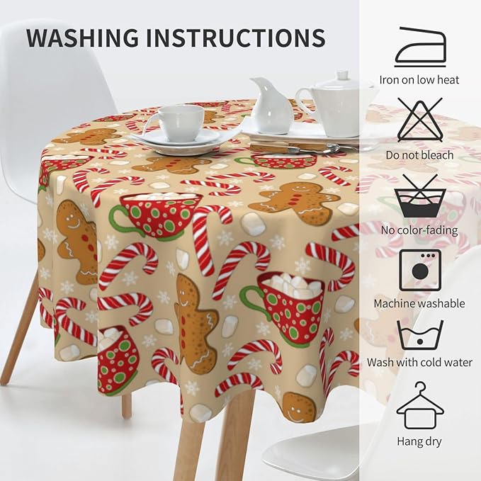 Christmas Tablecloth Round 60×60 Inch, Gingerbread Man Candy Cane Holiday - Image 4
