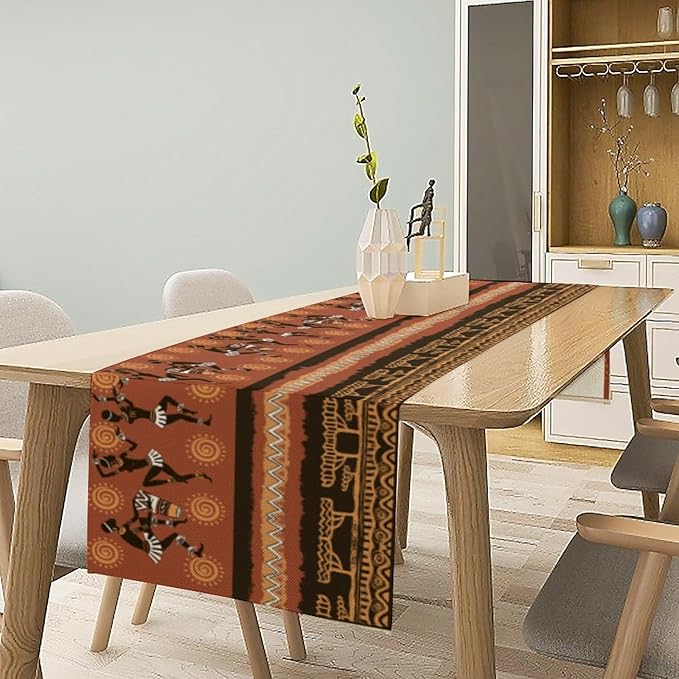African Native Indigenous Table Runner, Abstract Geometry Ancient Art Folk - Image 2