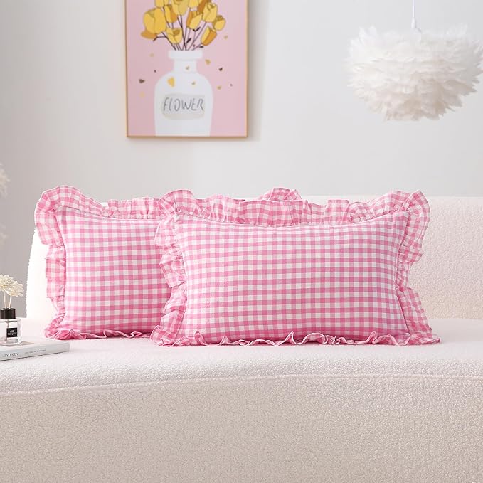 2 Pack Pink White Plaid Ruffle Gingham Throw Lumbar Pillow Shams, 100% Washed by KMASANIJI