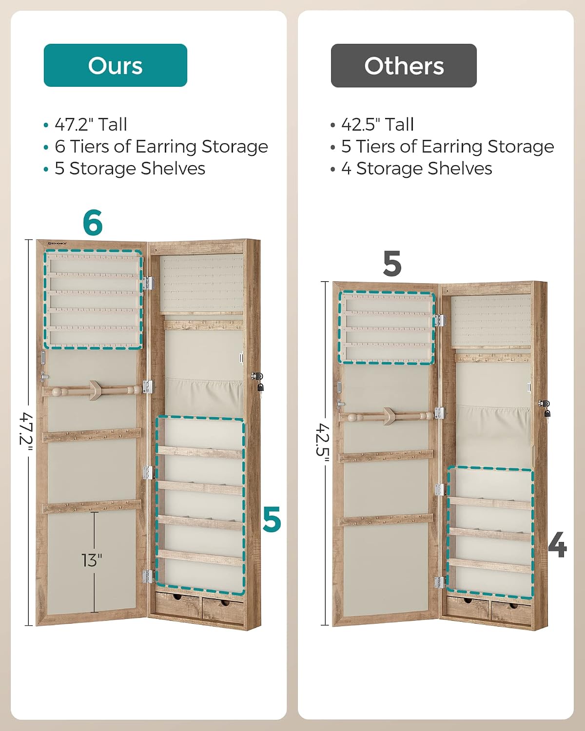 songmics 6 leds mirror jewelry cabinet, 47.2-inch tall, front angle view