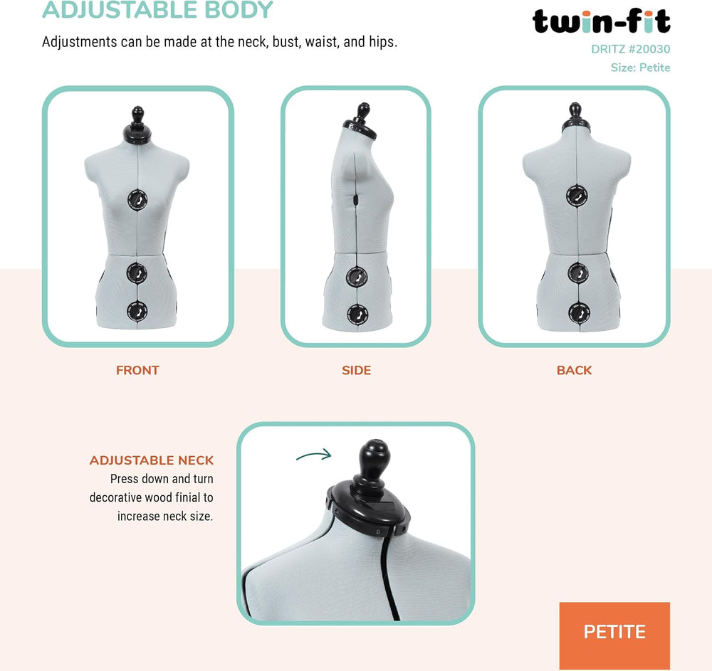 Dritz Twin-Fit Adjustable Dress Form for Sewing, Petite Sizes, US 00-4